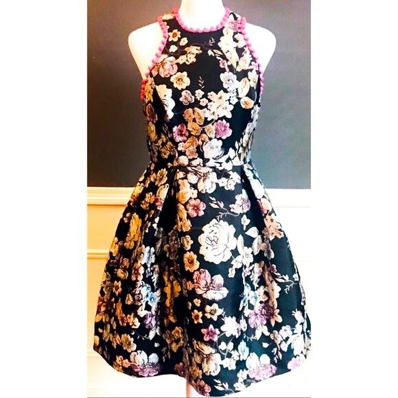Laundry By Shelli Segal Dresses & Skirts - LAUNDRY black pink floral brocade Pom Pom trimmed Fit and Flare dress SZ 0